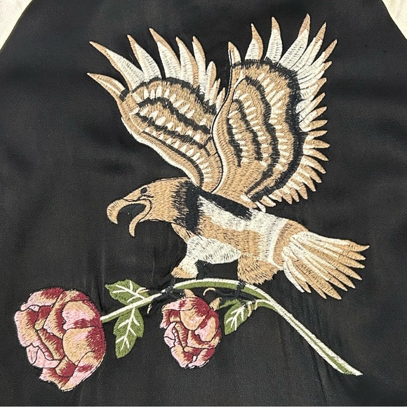 Kendall & Kylie PacSun Satin Bomber Jacket Eagle Rose Embroidery Black Cream EUC - Picture 5 of 7